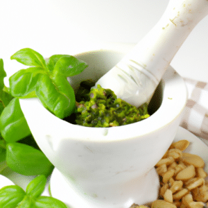 pesto in mortar and pestle