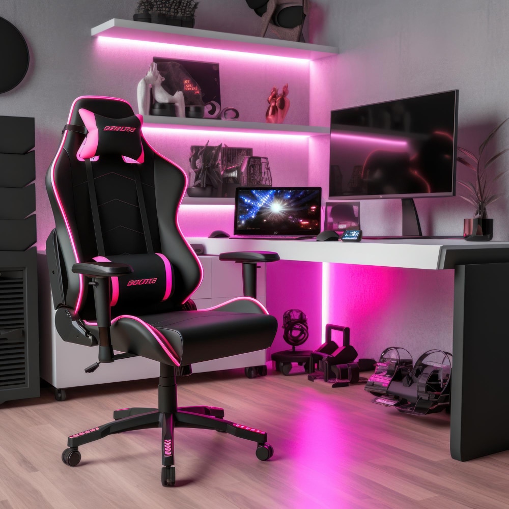 a black chair with a pink light on the back