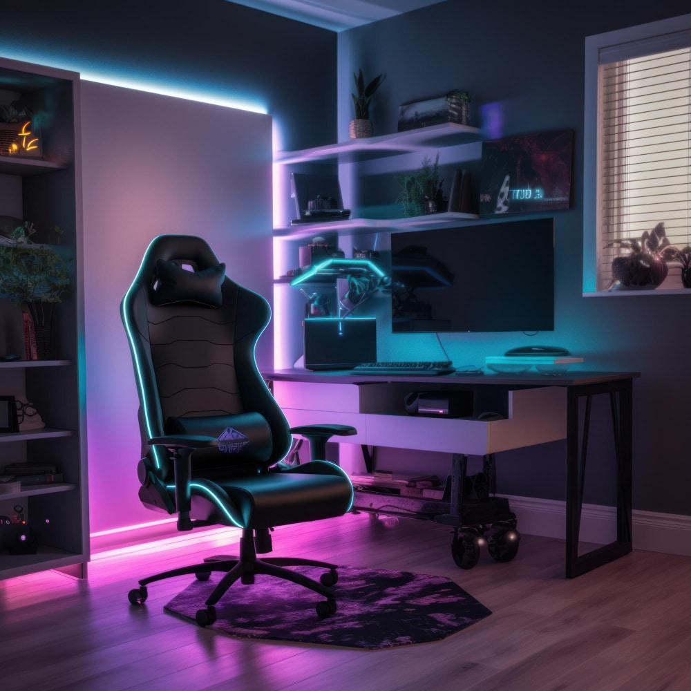 a computer desk with a green chair and a monitor